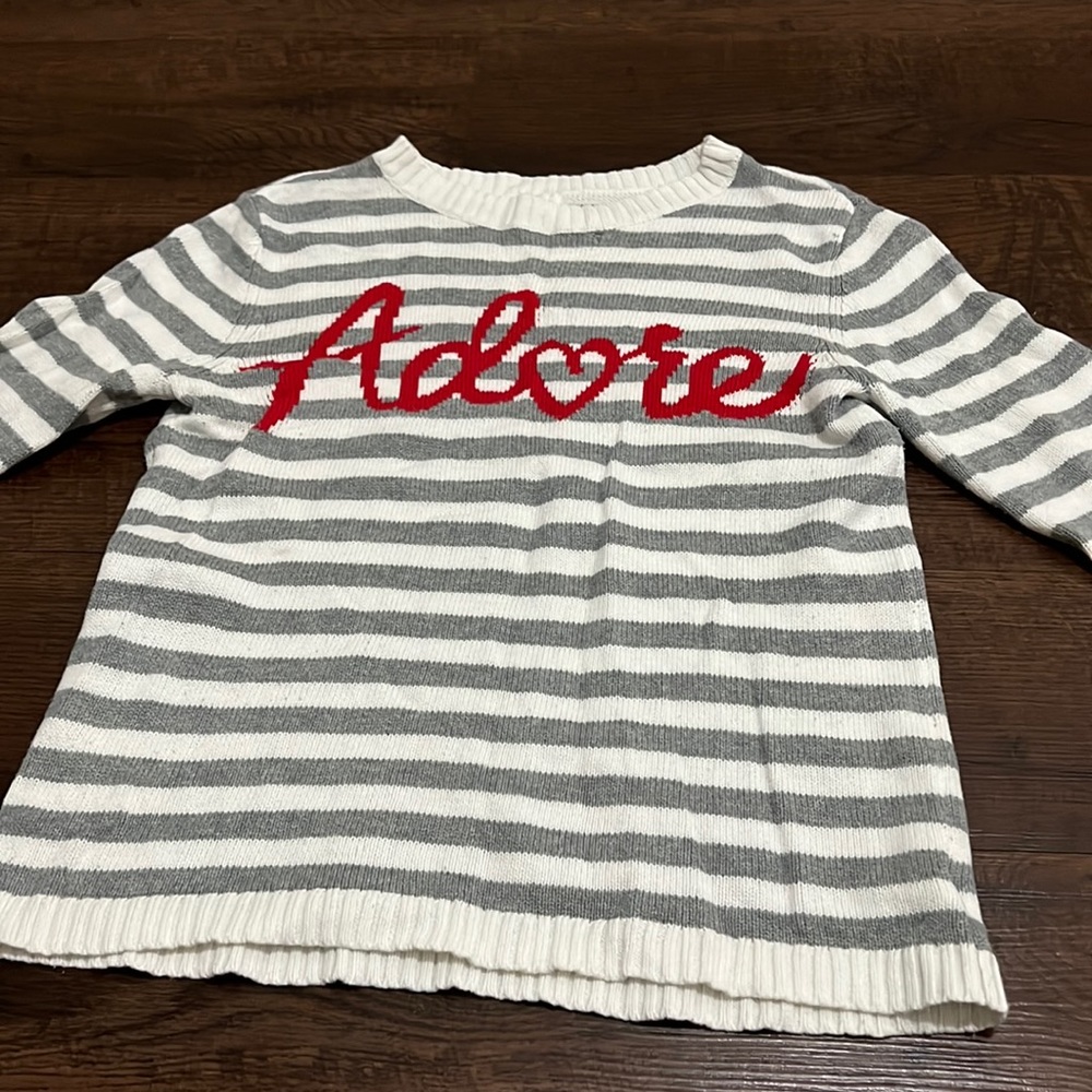 Grey and white stripe “Adore” sweatshirt. Soft.